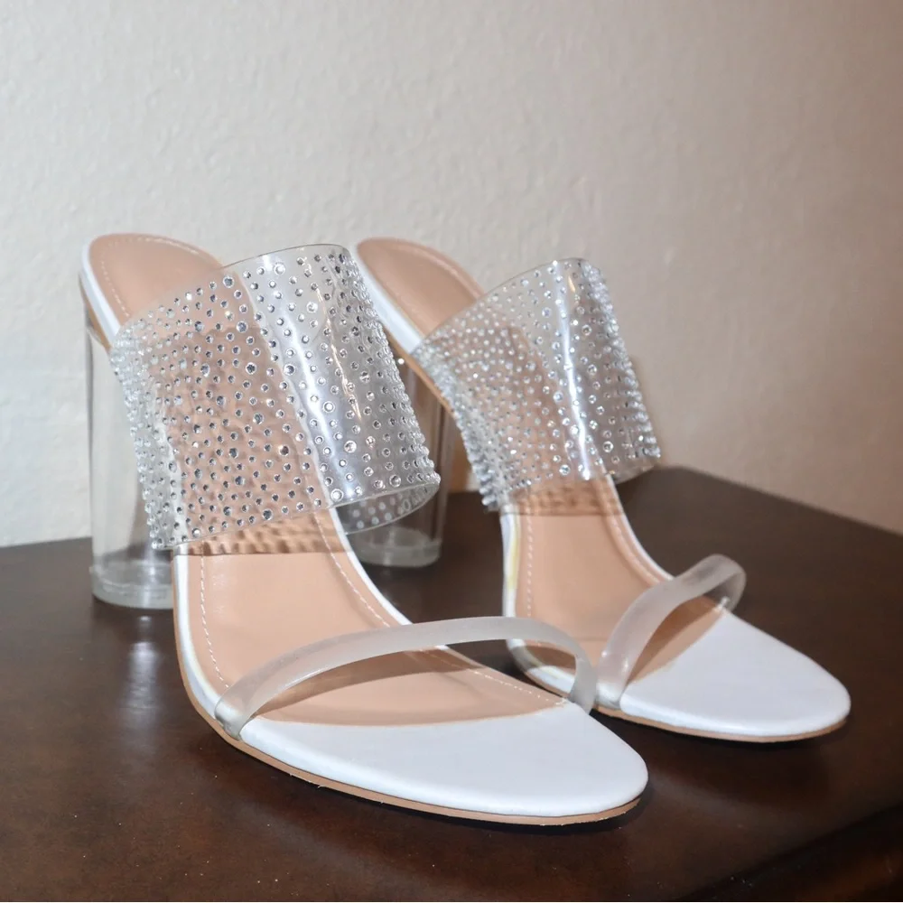 Chic Crystal-Embellished Clear and White Heels